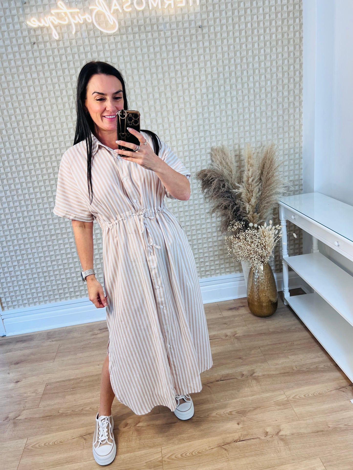 Beige & White Striped Shirt Dress