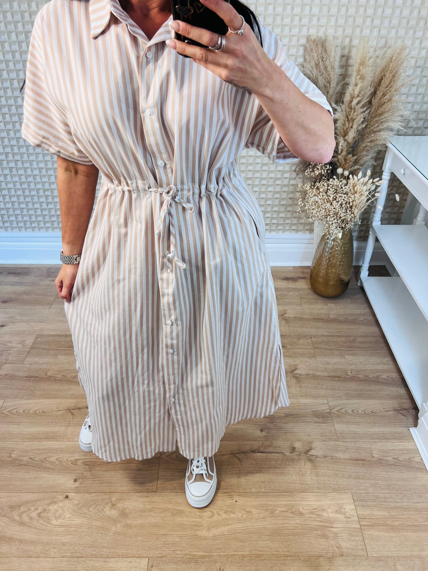 Beige & White Striped Shirt Dress