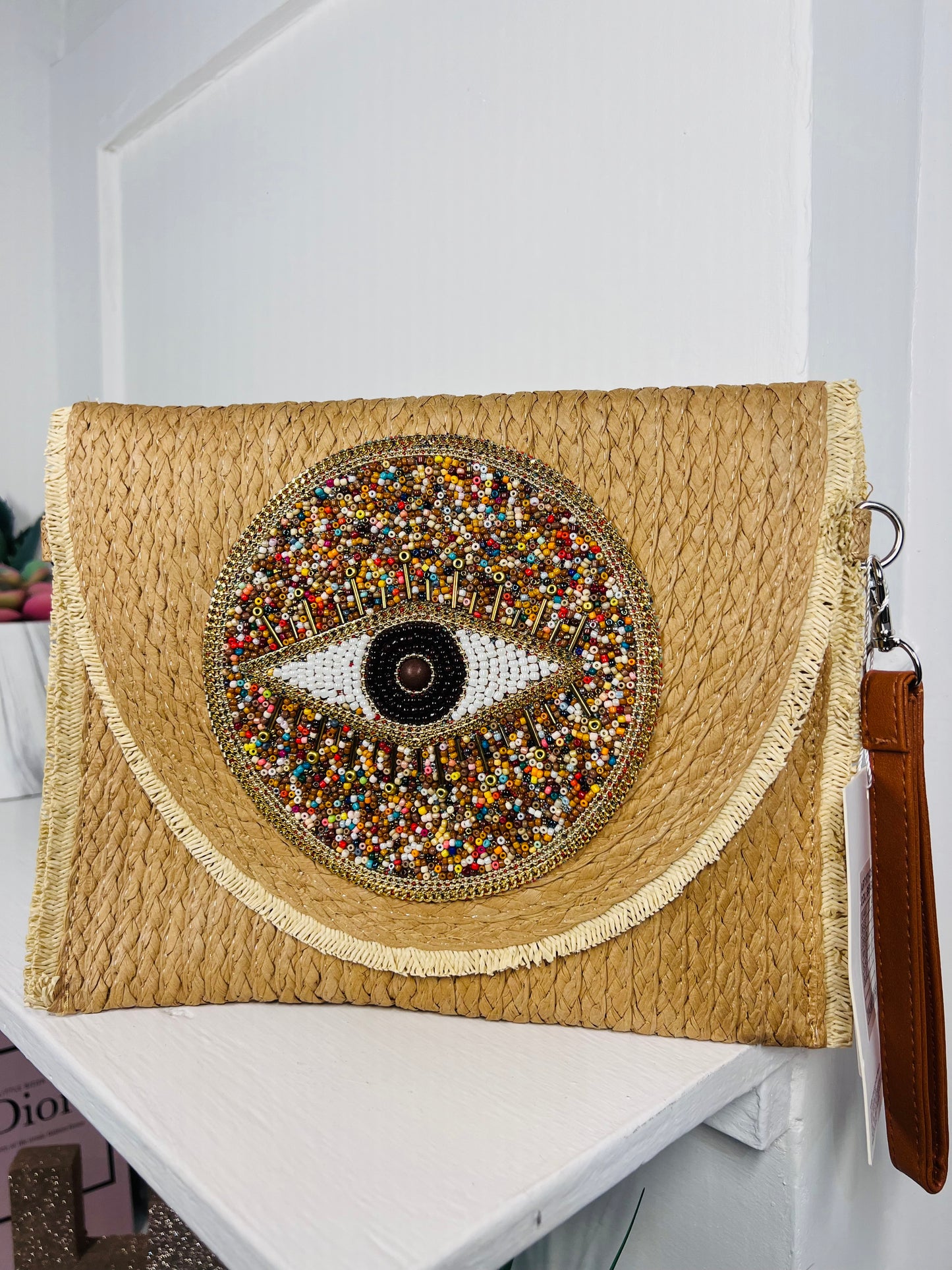 Beaded Eye Straw Bag