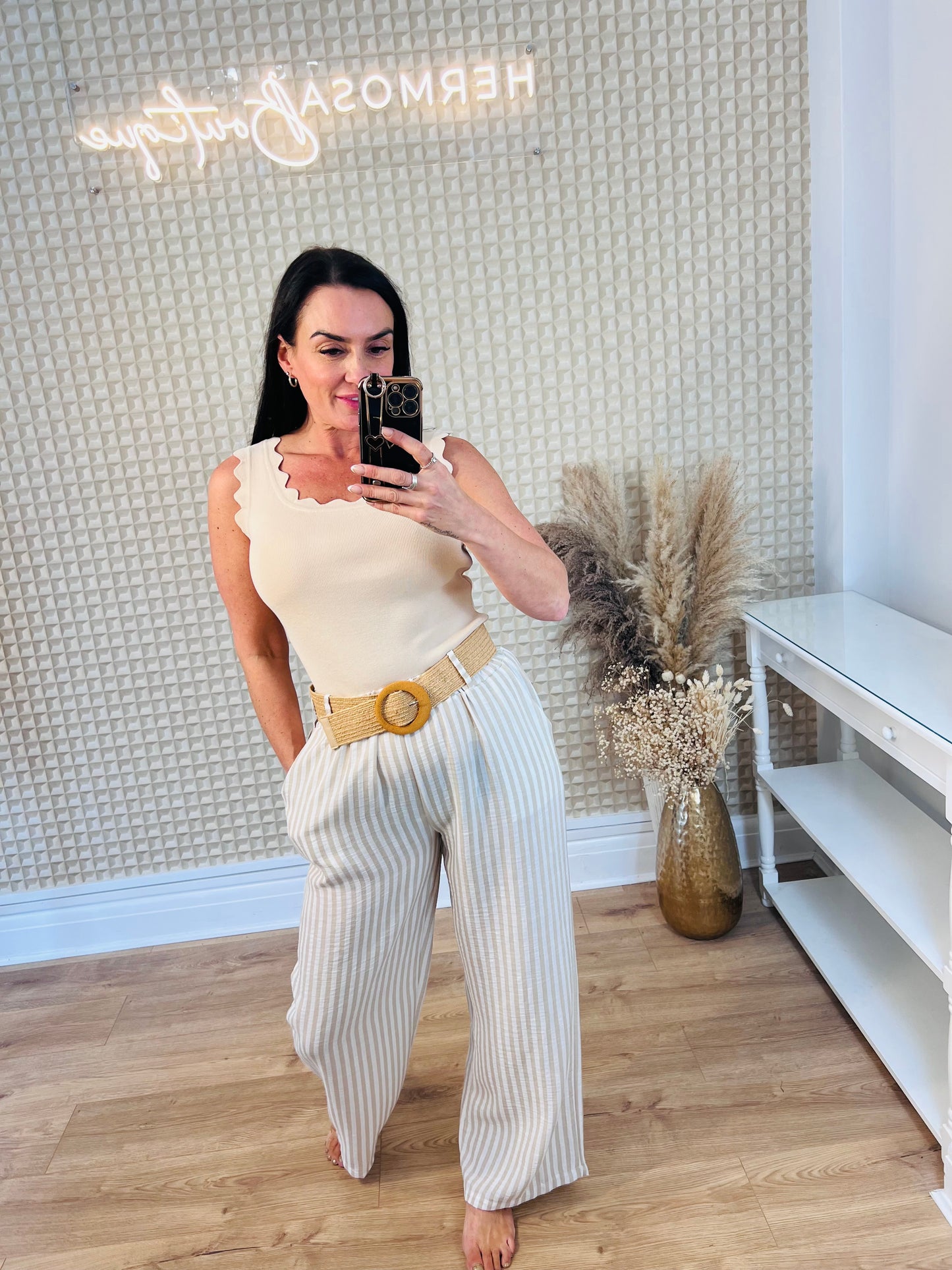 Beige Striped Trousers