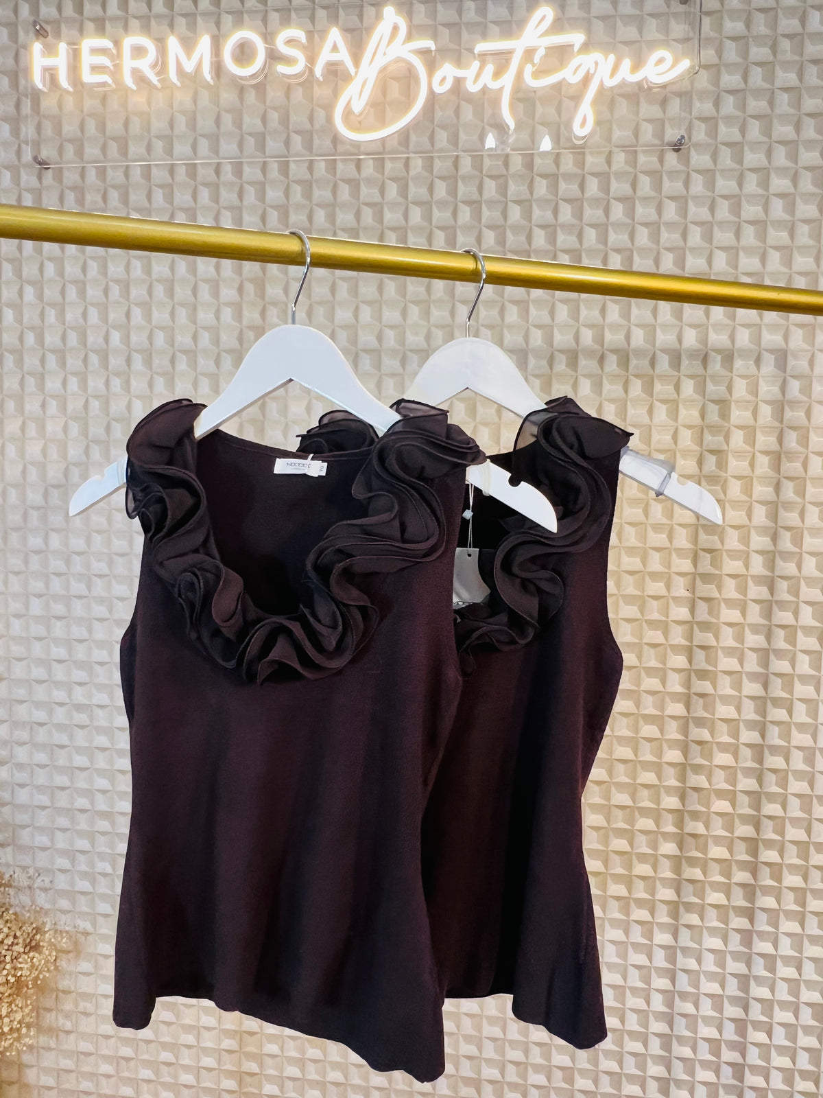 Brown Ruffle Neck Vest Top