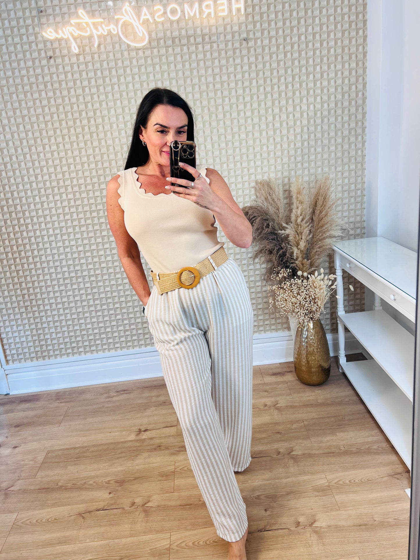 Beige Striped Trousers