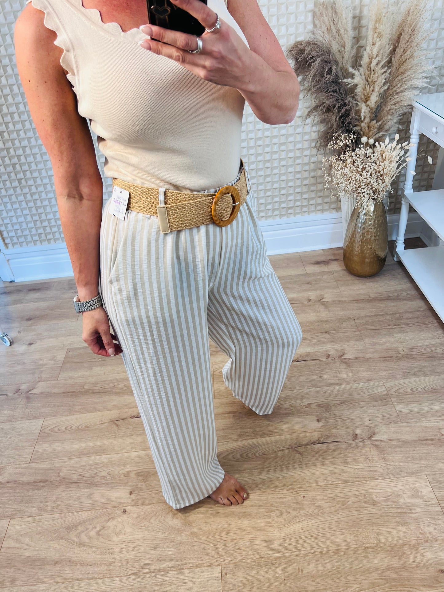 Beige Striped Trousers
