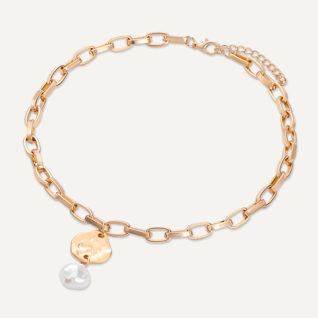 Gold Link & Pearl Drop Necklace