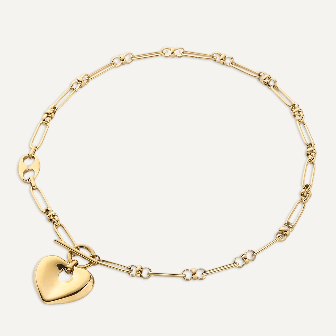 Gold Link & Heart T Bar Necklace