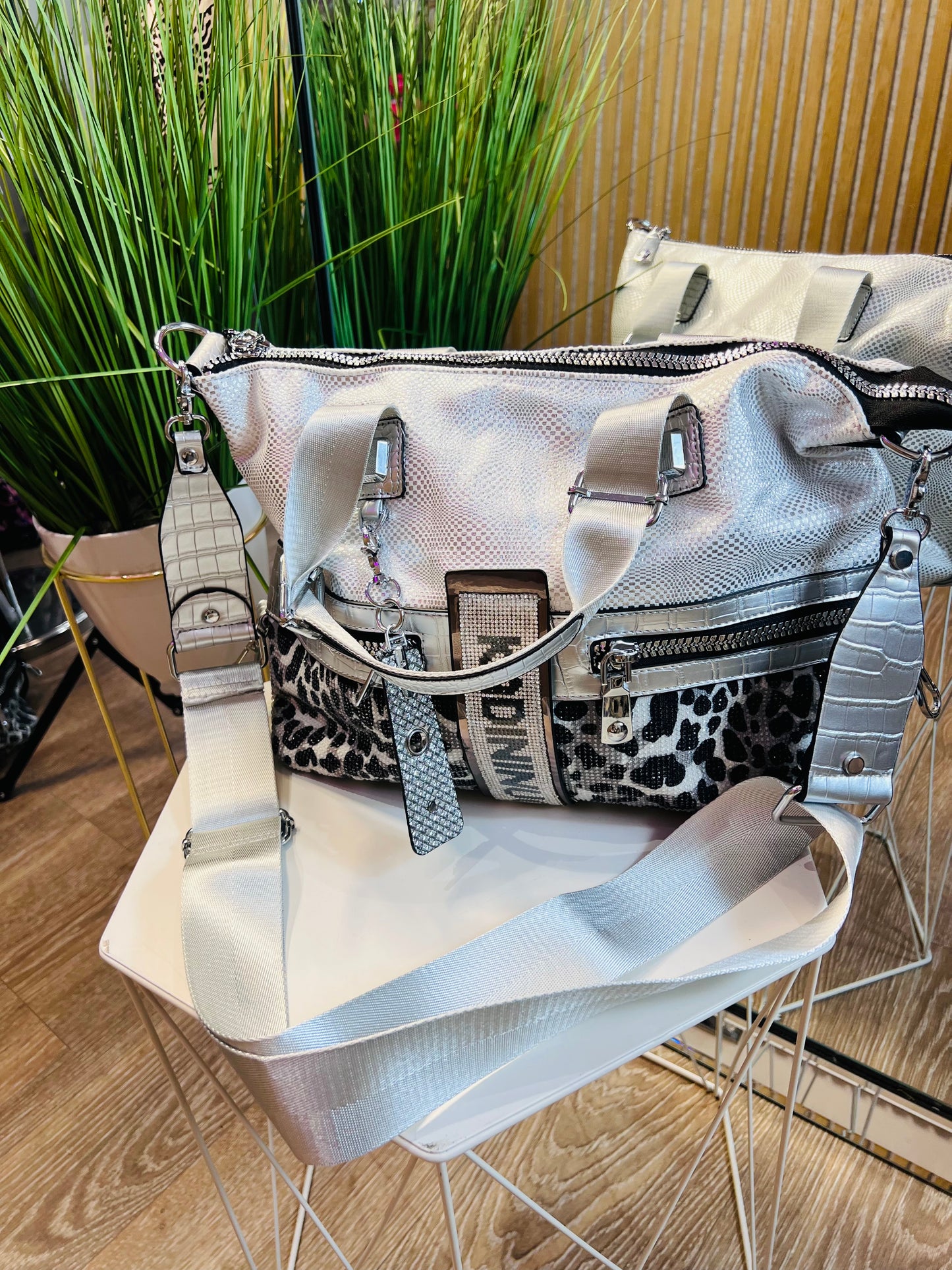 Silver Kadi Leopard Crystal Bag