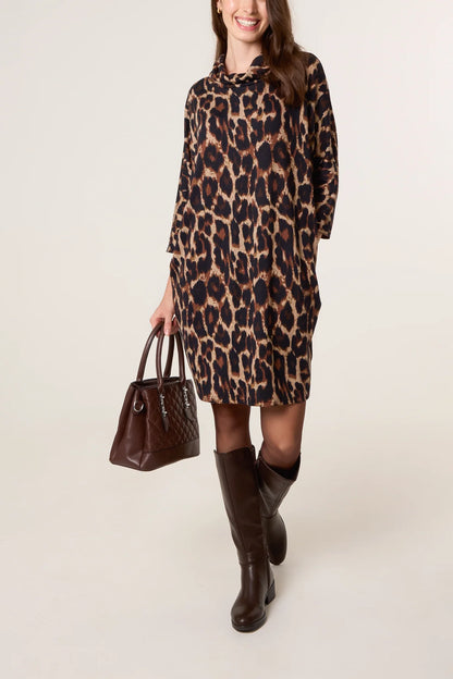 Draped Cowl Leopard Knit Dress