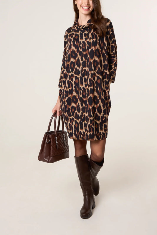 Draped Cowl Leopard Knit Dress