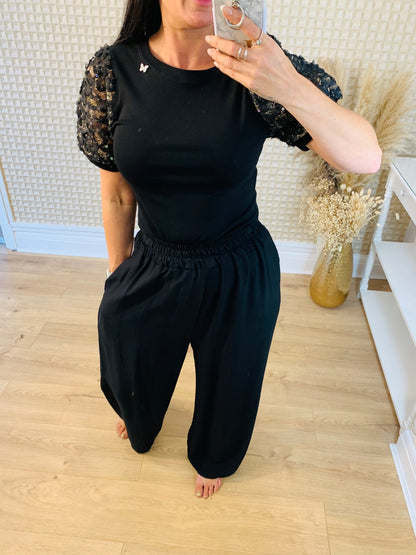 Black Lace Sleeve T-Shirt