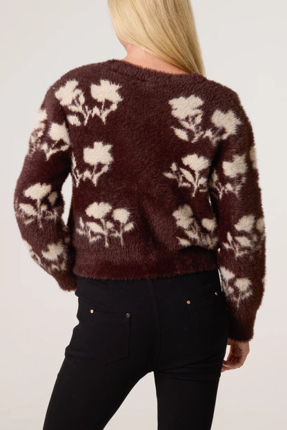 Brown Floral Fluffy Cardigan
