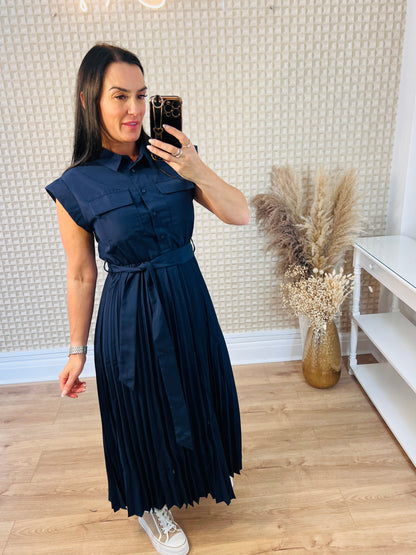 Navy Pleated Dress