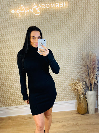 Black Cowell Neck Knitted Dress