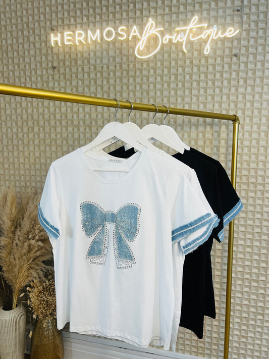 White Denim Bow Tee