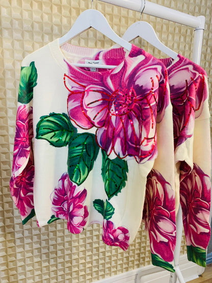 Vibrant Pink & Green flower knit