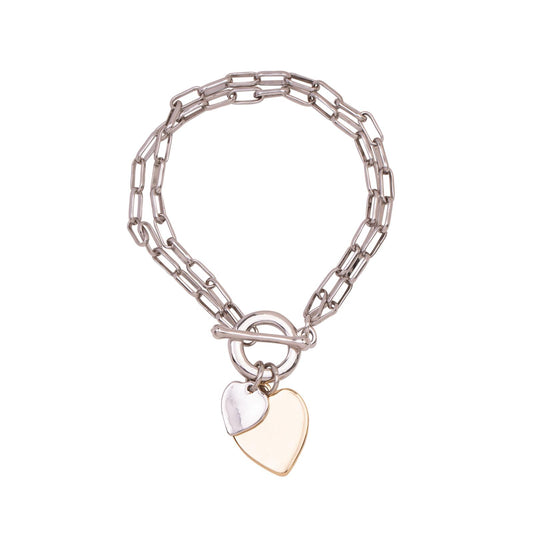 Silver Gold Double Heart T-Bar Bracelet