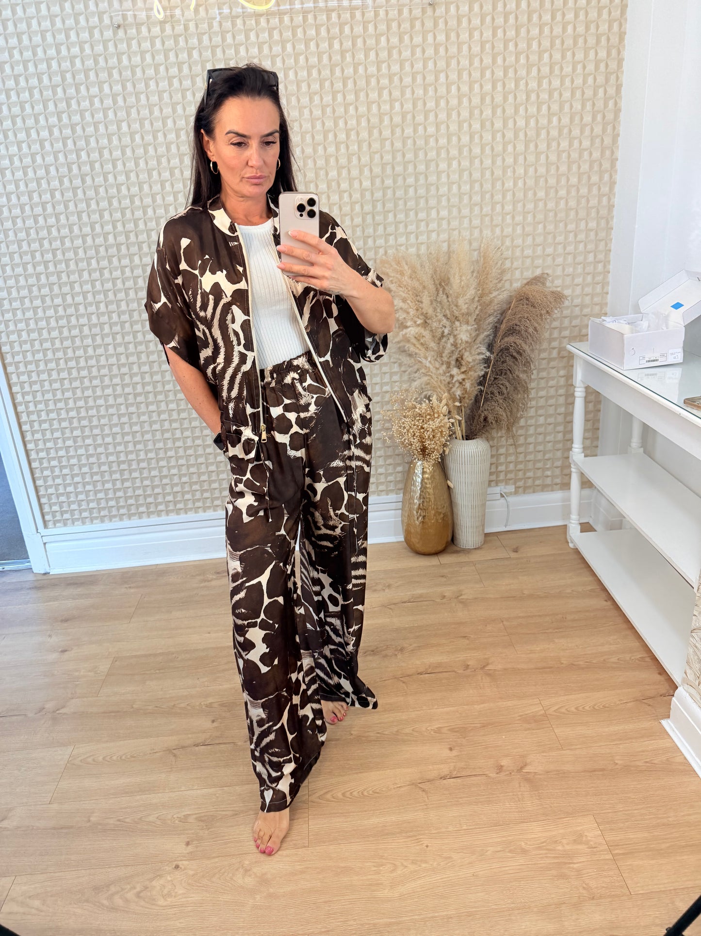 Giraffe print silk two piece