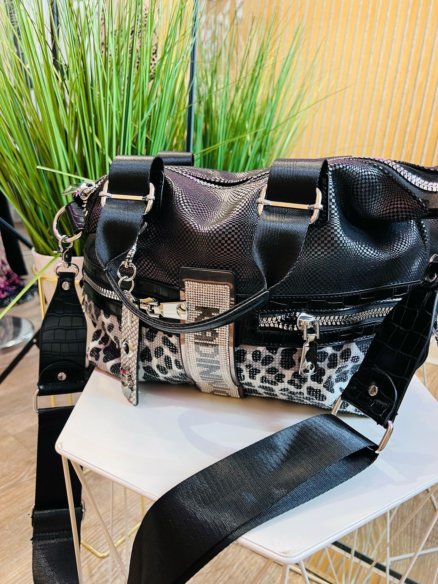 Black Kadi Leopard Crystal Bag