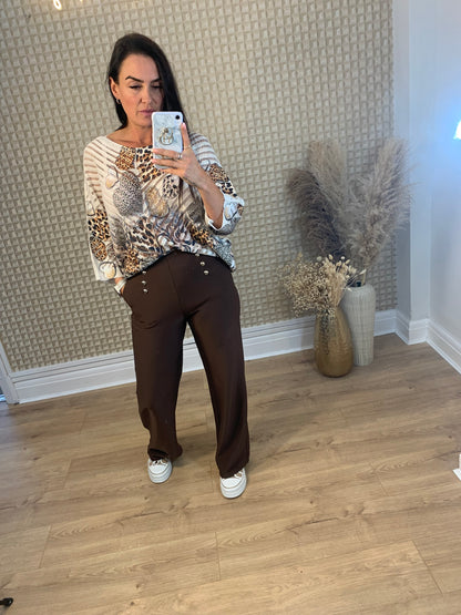 Brown You & Me Wide Leg Button Pants