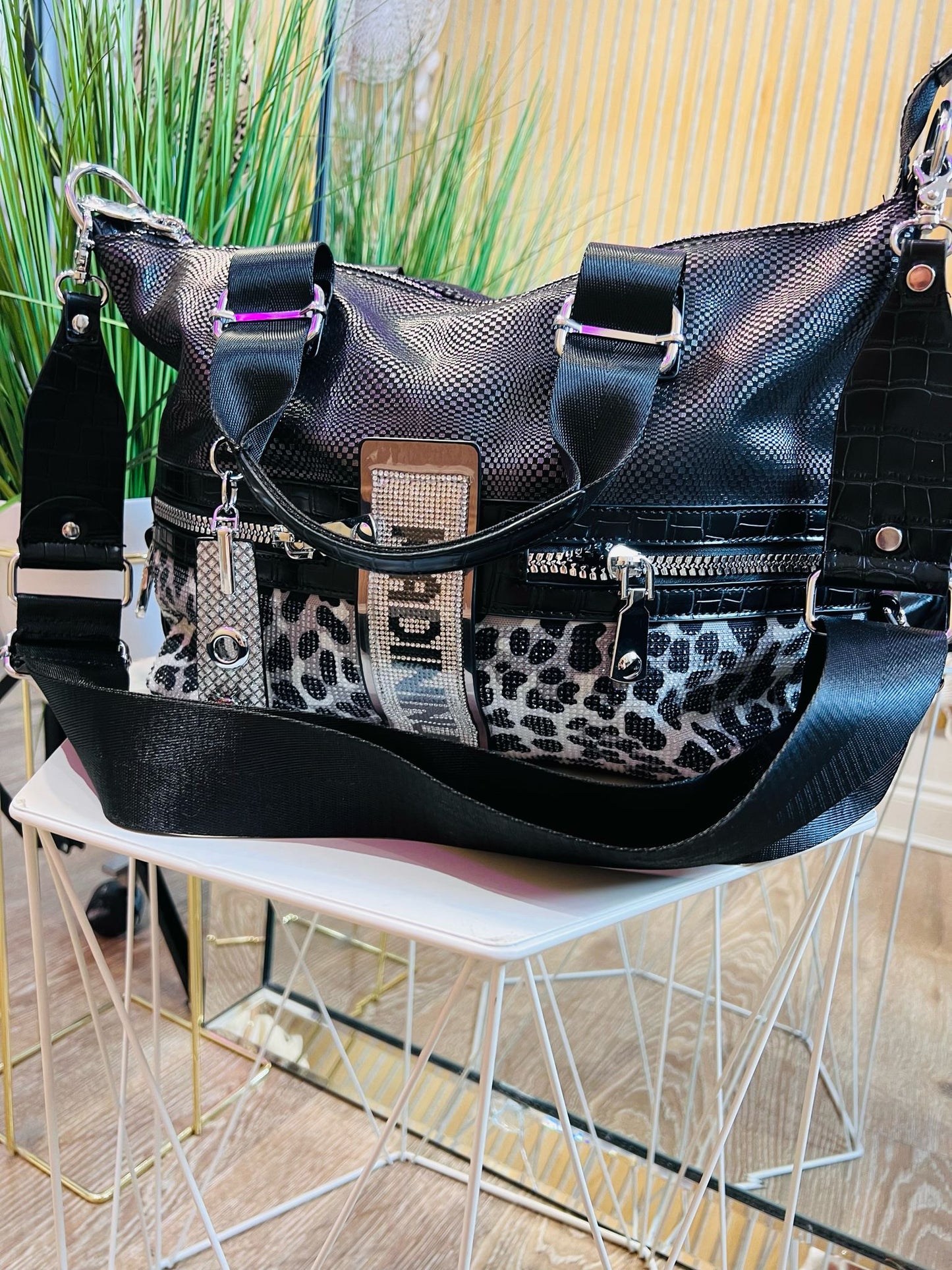 Black Kadi Leopard Crystal Bag