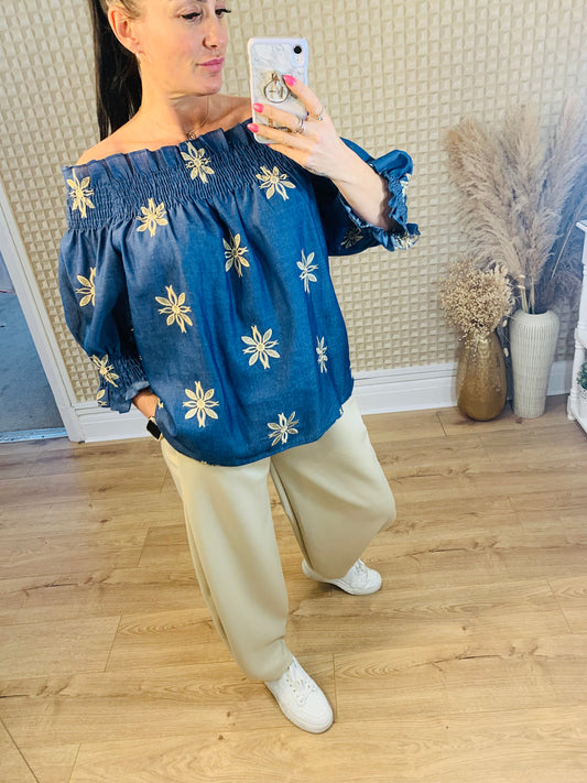 Embroidered Bardot Top