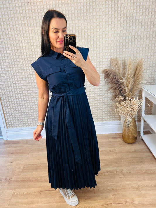 Navy Pleated Dress