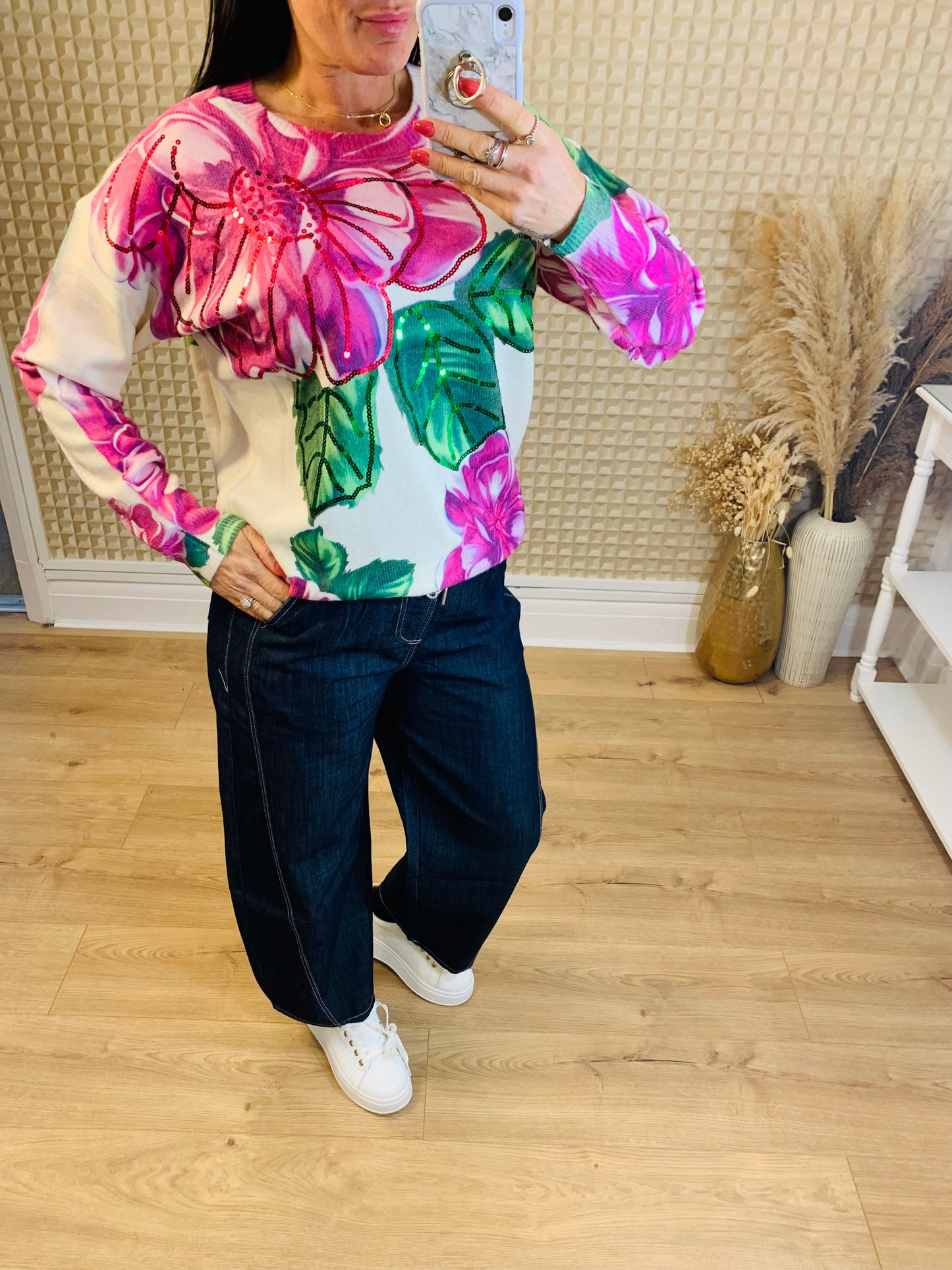 Vibrant Pink & Green flower knit