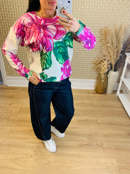 Vibrant Pink & Green flower knit