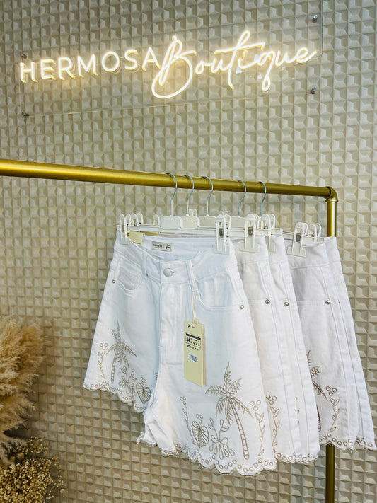 White Palm Tree Denim Shorts