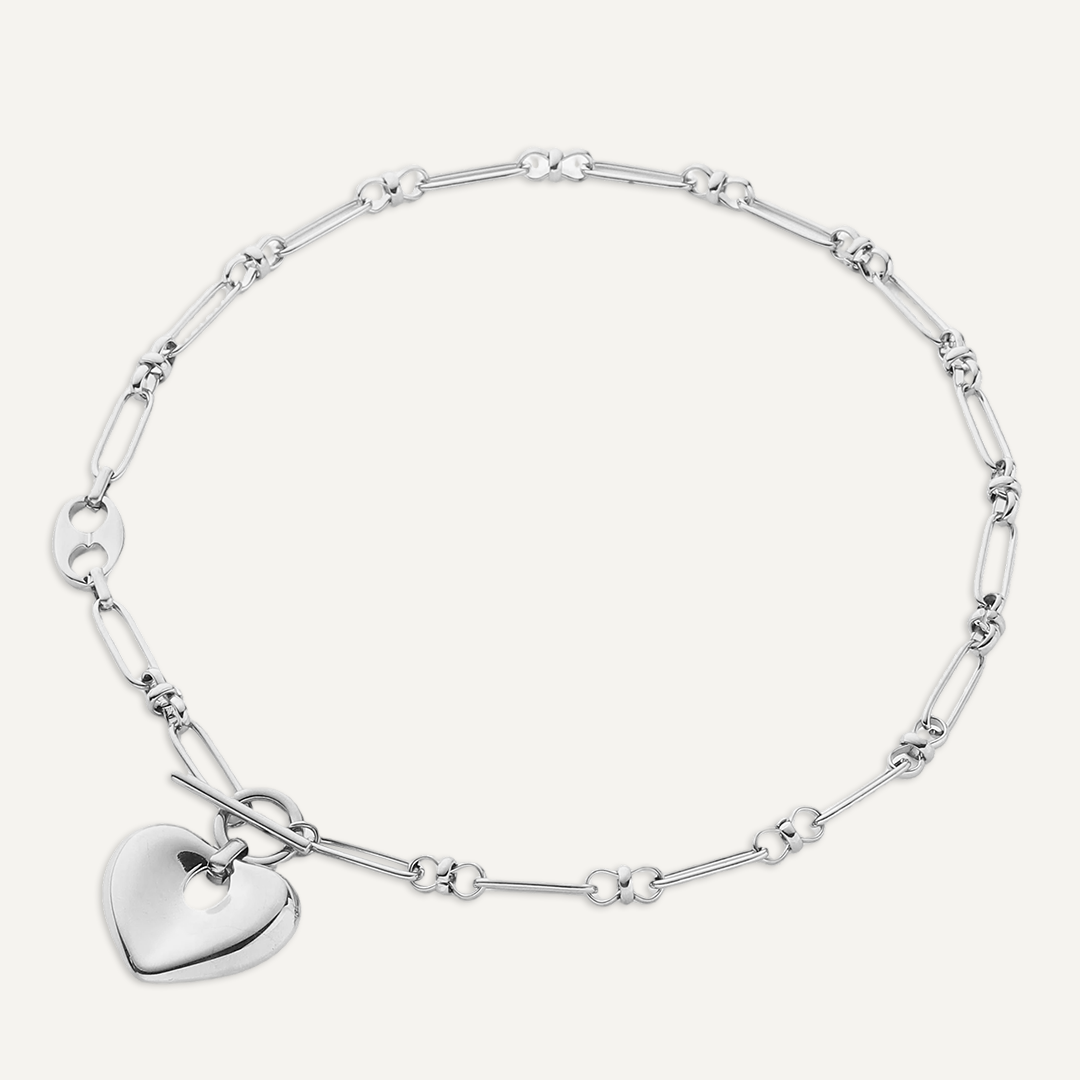 Silver Link & Heart T Bar Necklace