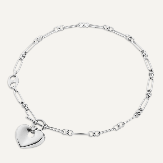 Silver Link & Heart T Bar Necklace