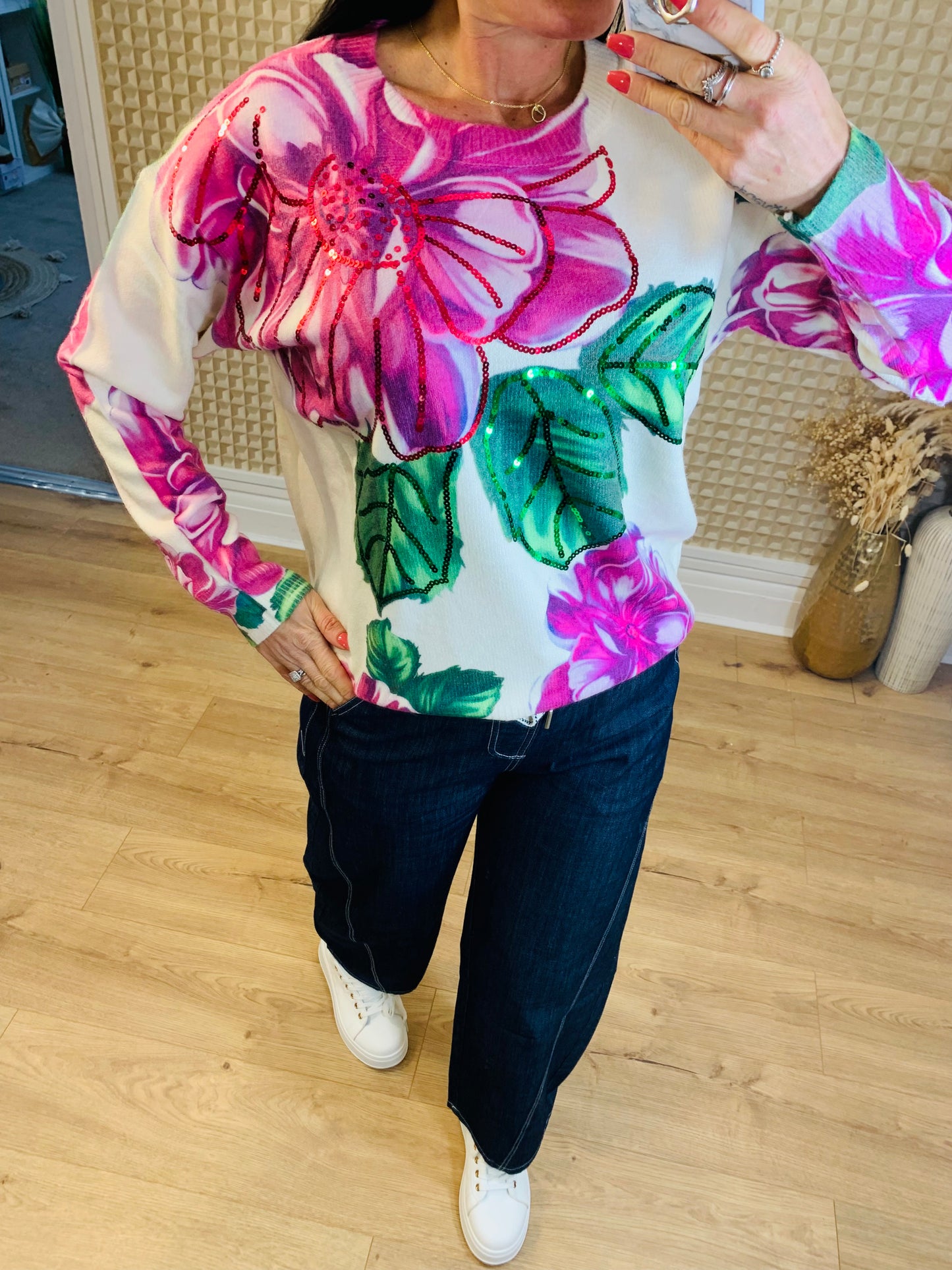 Vibrant Pink & Green flower knit