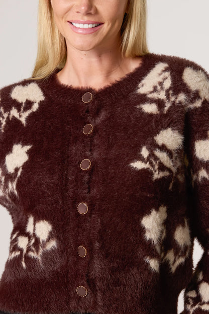 Brown Floral Fluffy Cardigan