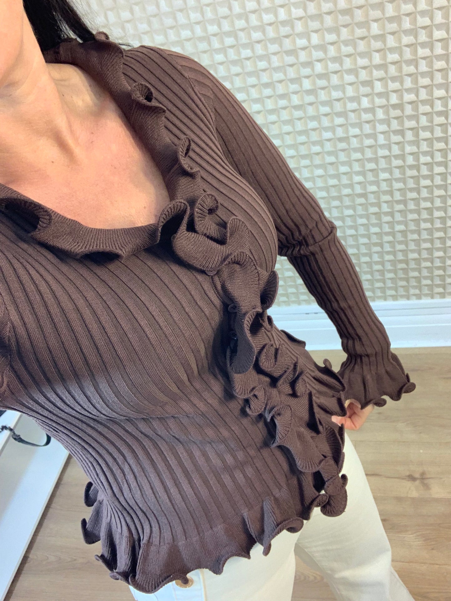 Chocolate Ruffle Ribbed Top