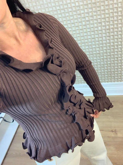 Chocolate Ruffle Ribbed Top