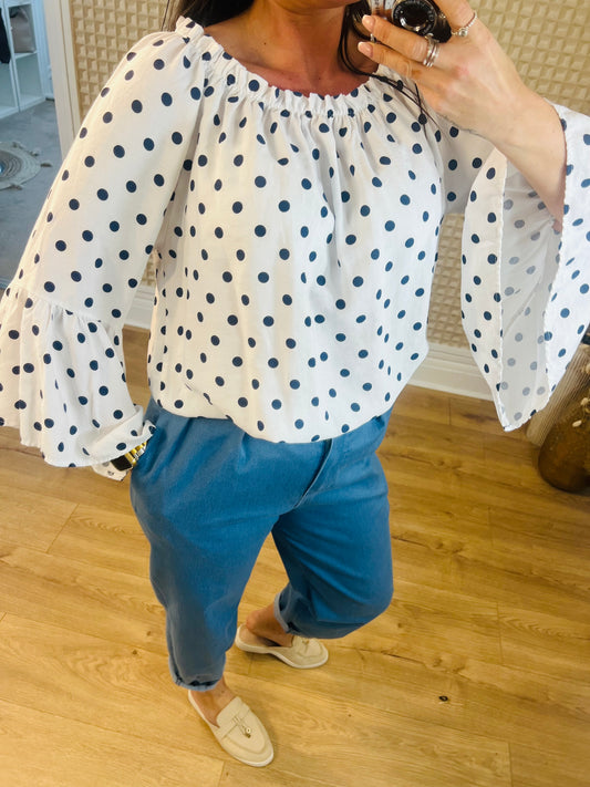 Navy Spot Bardot Top