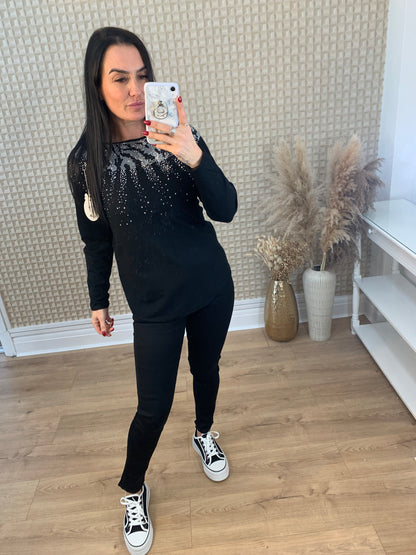 Black Diamanté Bow Jeans