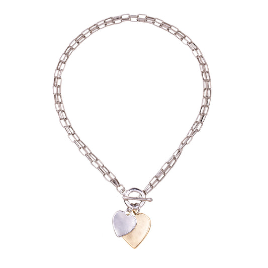 Rhodium Silver & Gold Heart T-Bar Necklace