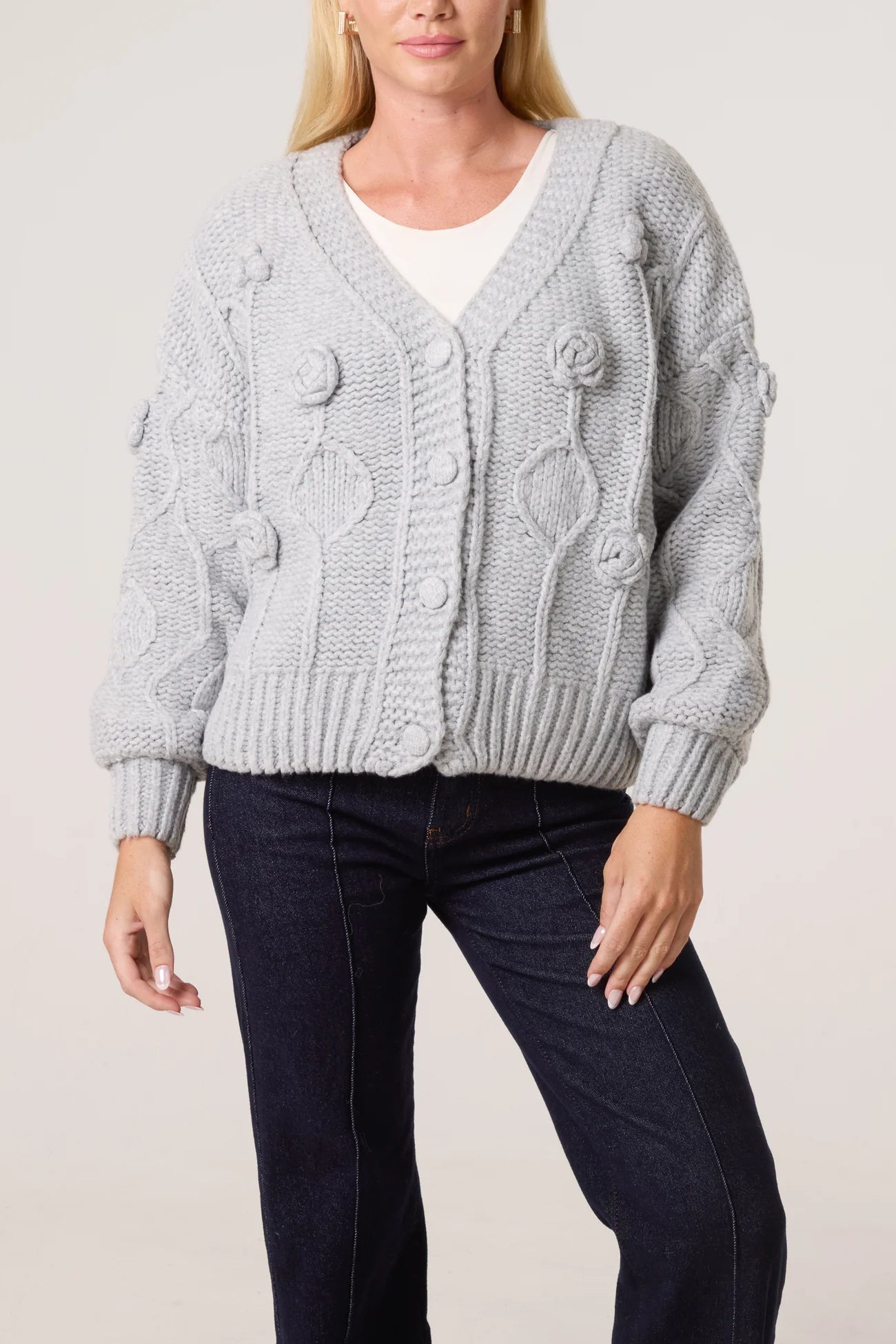 Cable Knit Flower Button Cardigan grey