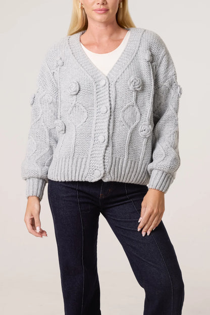 Cable Knit Flower Button Cardigan grey