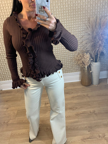 Chocolate Ruffle Ribbed Top