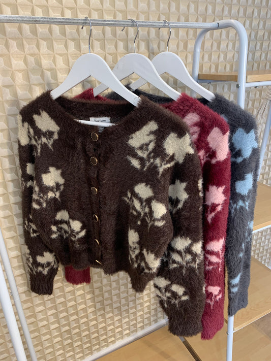 Brown Floral Fluffy Cardigan