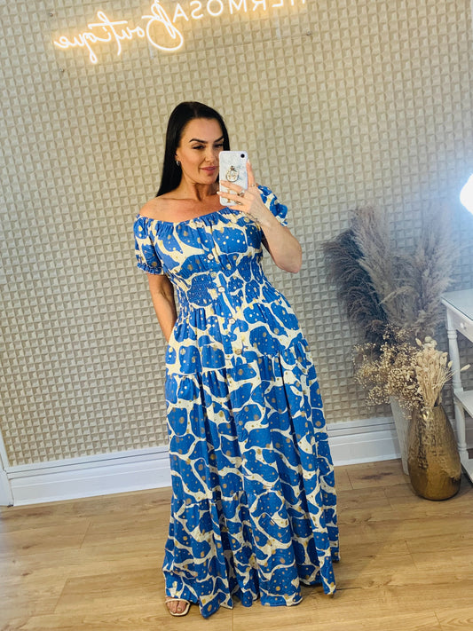 Gold Button Blue Maxi Dress