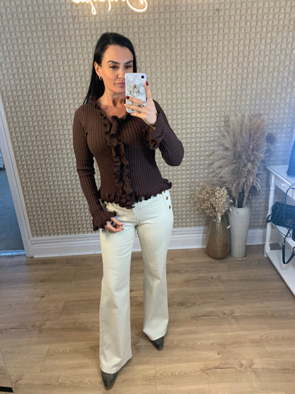 Chocolate Ruffle Ribbed Top