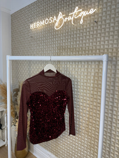 Red Sequin & Mesh Top
