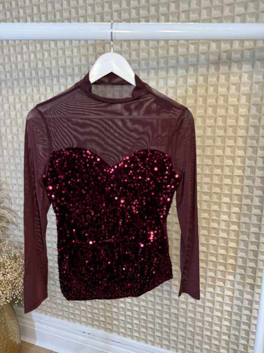 Red Sequin & Mesh Top