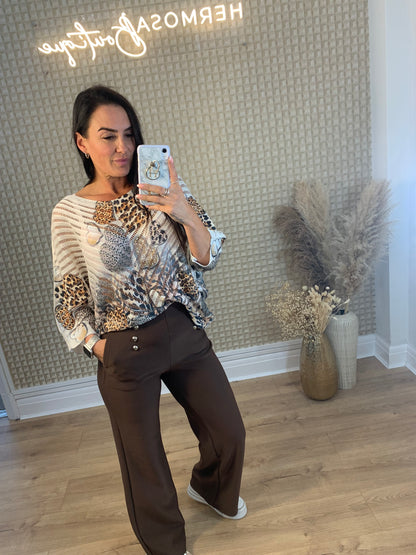 Brown You & Me Wide Leg Button Pants