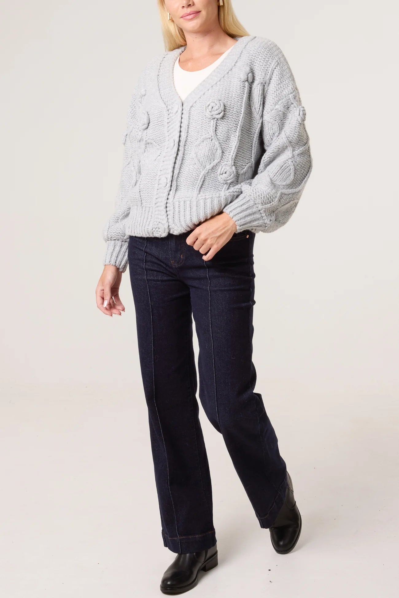 Cable Knit Flower Button Cardigan grey