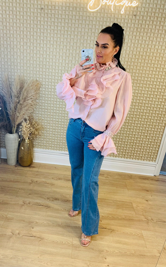Pink Ruffle & Diamanté Blouse