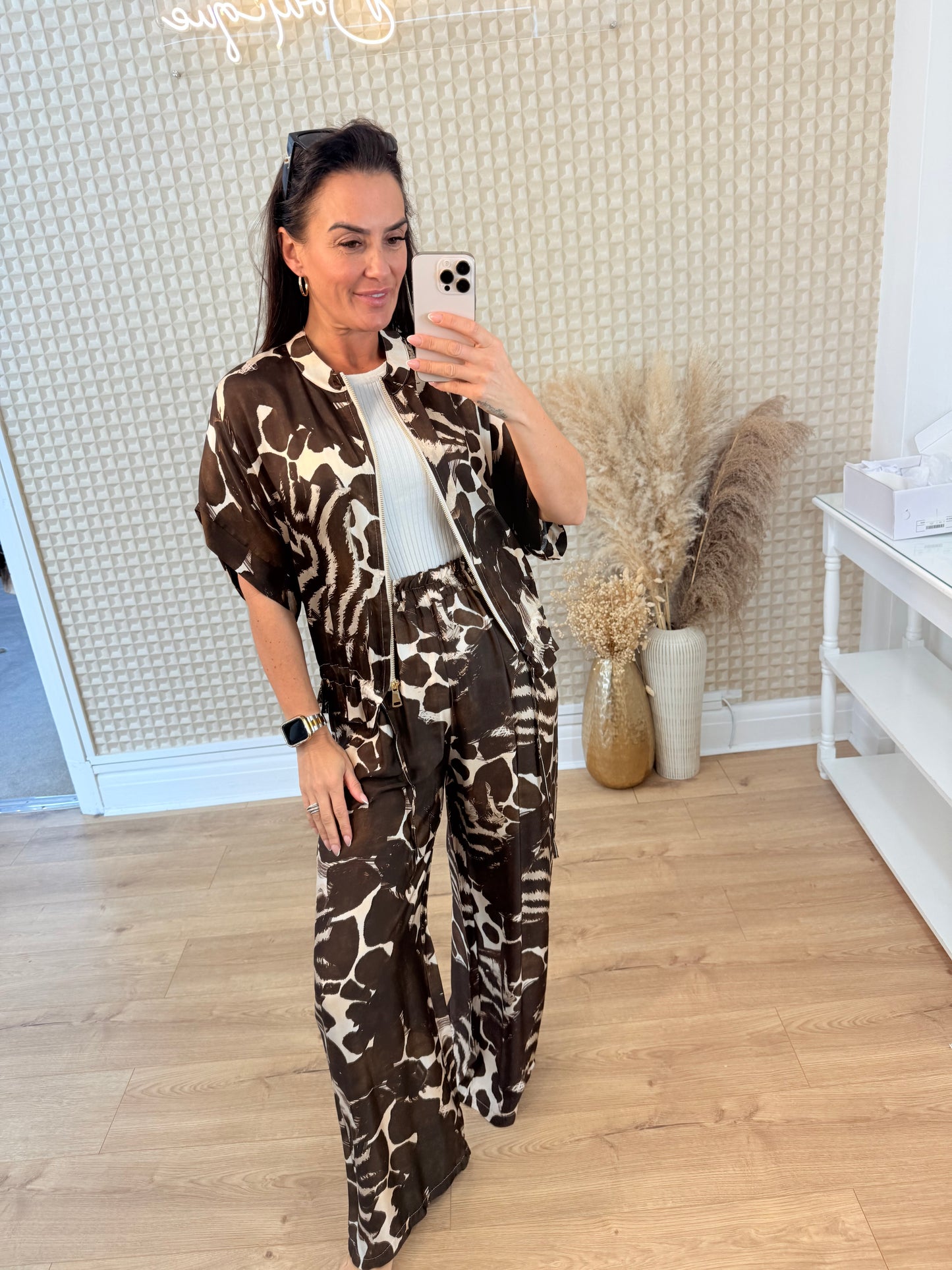 Giraffe print silk two piece
