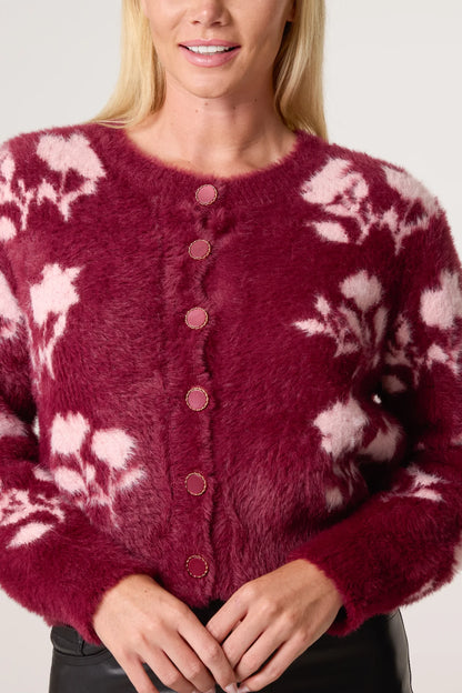Wine Floral Fluffy Cardigan